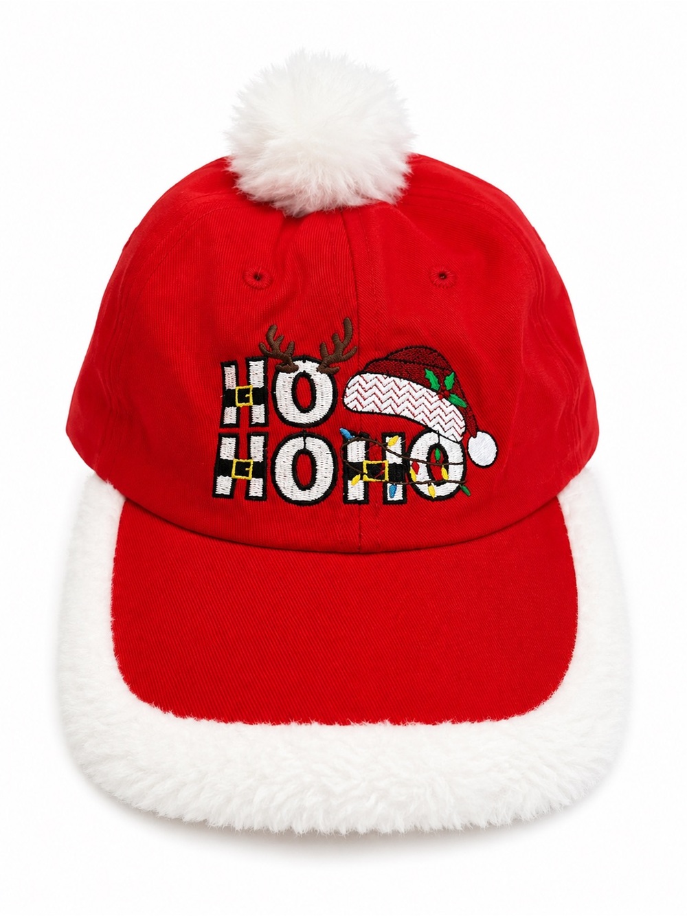 Holiday 'Ho Ho Ho' Red Pom-Pom Snow Trim Baseball Cap Embroidery ❤️🎄💚